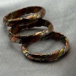 Set of 3 Vintage Mixed Metal Braided Stacking Rings – Copper, Brass & Silver